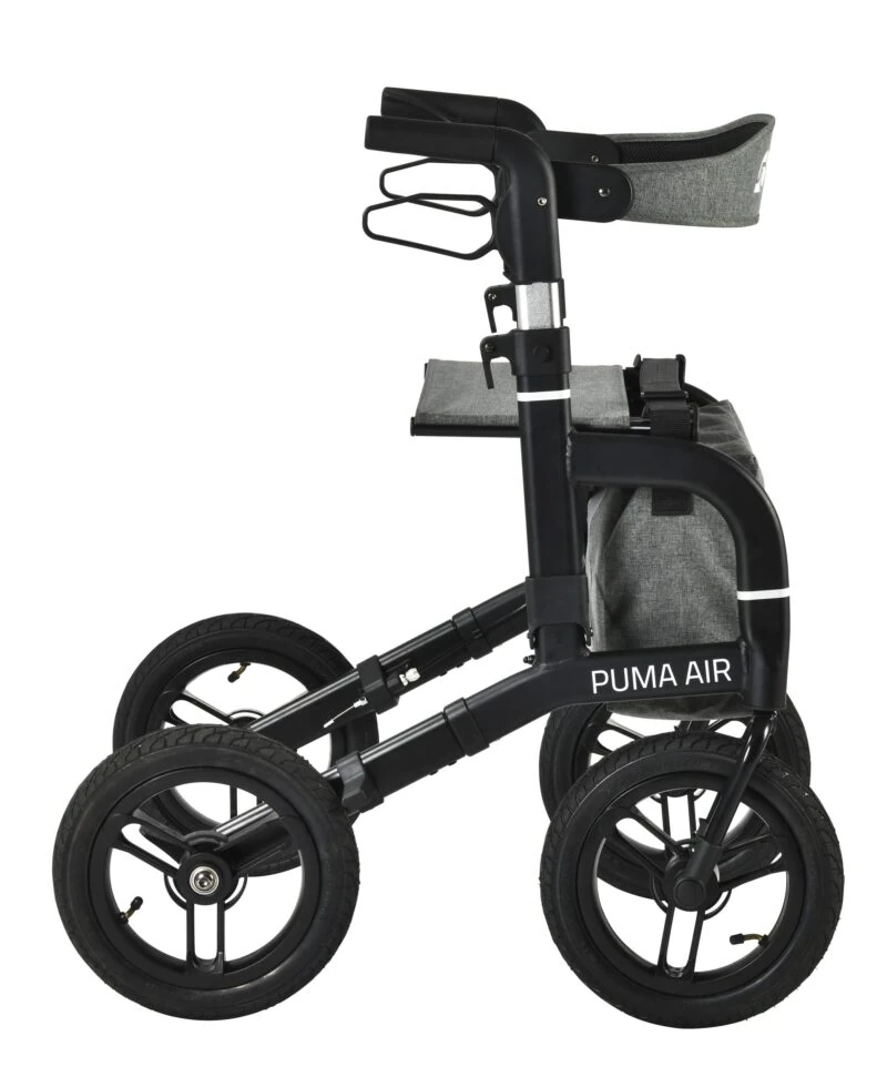 Side view of the Mobilex Puma Air rollator with large wheels and a matte black frame.