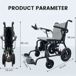 Carbon Fiber Electric Wheelchair shown folded and unfolded with dimensions.