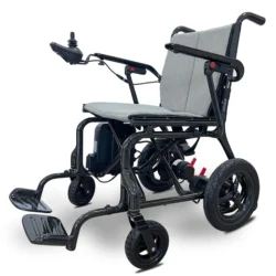 Carbon fiber electric wheelchair with gray seat and backrest.