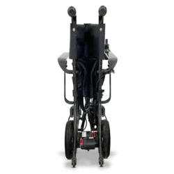 Folded view of a carbon fiber electric wheelchair, showing wheels and compact design.