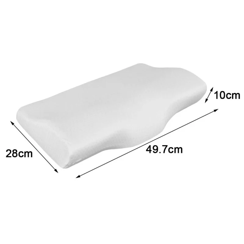 White contoured memory foam pillow with dimensions 49.7cm x 28cm x 10cm.