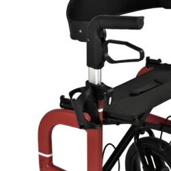 Close-up of red Mobilex Puma Air rollator with backrest and cup holder.