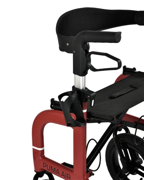 Close-up of red Mobilex Puma Air rollator with backrest and cup holder.