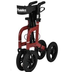 Red Mobilex Puma Air rollator with large pneumatic tires and a black back belt.