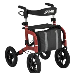 Red rollator with large black wheels and a storage bag.