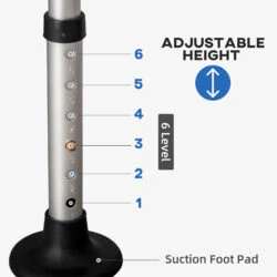 Close-up of shower chair leg with adjustable height markings from 1 to 6.