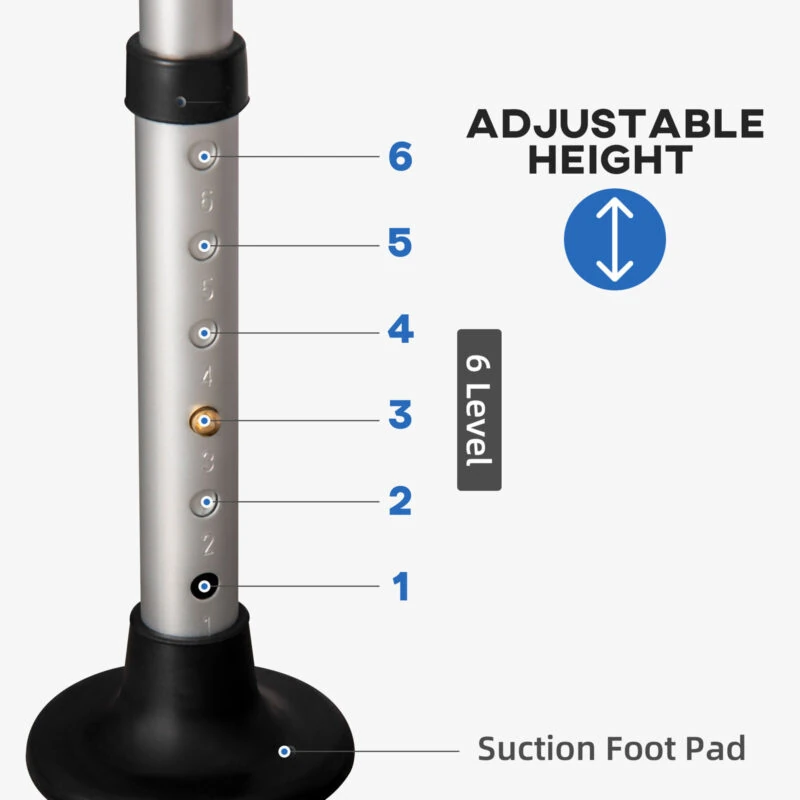 Close-up of shower chair leg with adjustable height markings from 1 to 6.