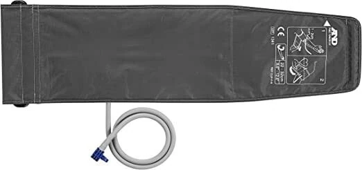 Gray blood pressure monitor cuff with attached tube.