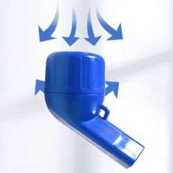 Blue breathing exerciser with airflow arrows on white background.