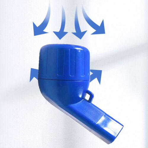 Blue breathing exerciser with airflow arrows on white background.