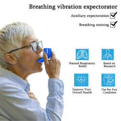Person using a blue breathing exerciser with health benefits listed beside.