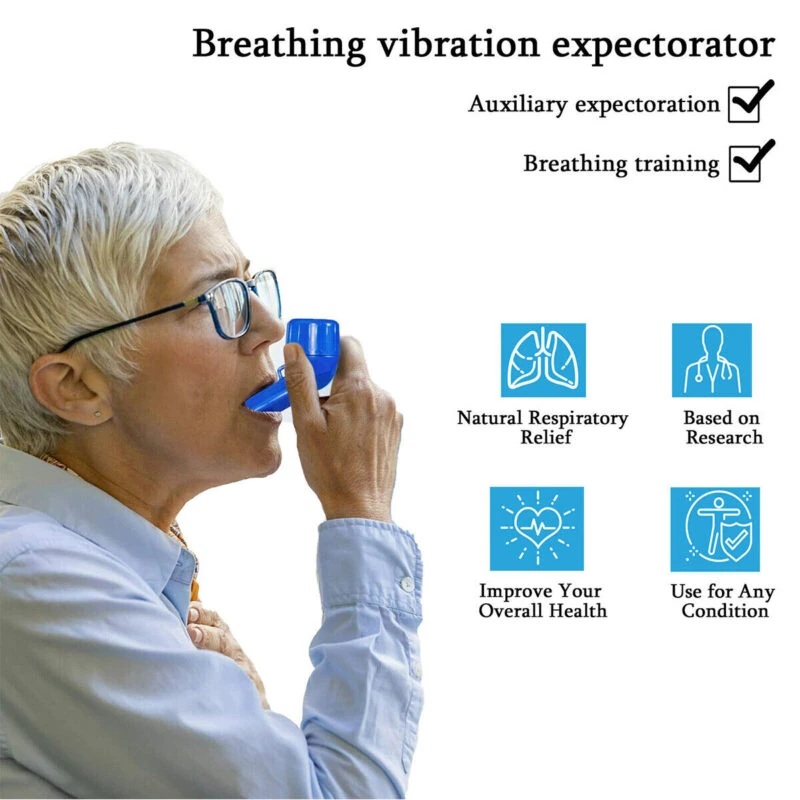 Person using a blue breathing exerciser with health benefits listed beside.