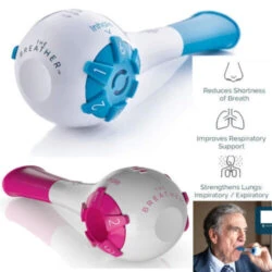 Blue and pink breathing trainers with adjustment dials, infographic icons, and a person using the device.