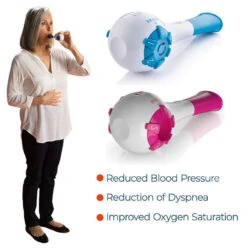 Woman using a breathing trainer with two color options shown.