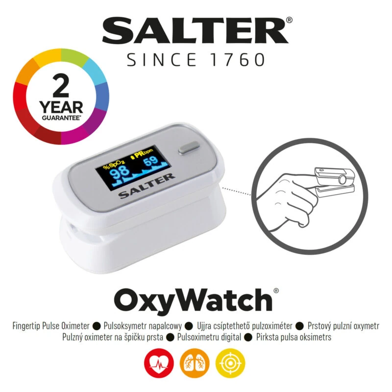 Salter fingertip pulse oximeter with digital display showing SpO2 and PR readings.
