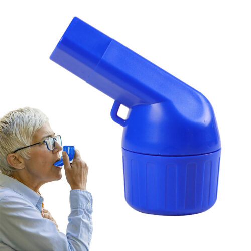 Blue breathing exerciser being used by a person.
