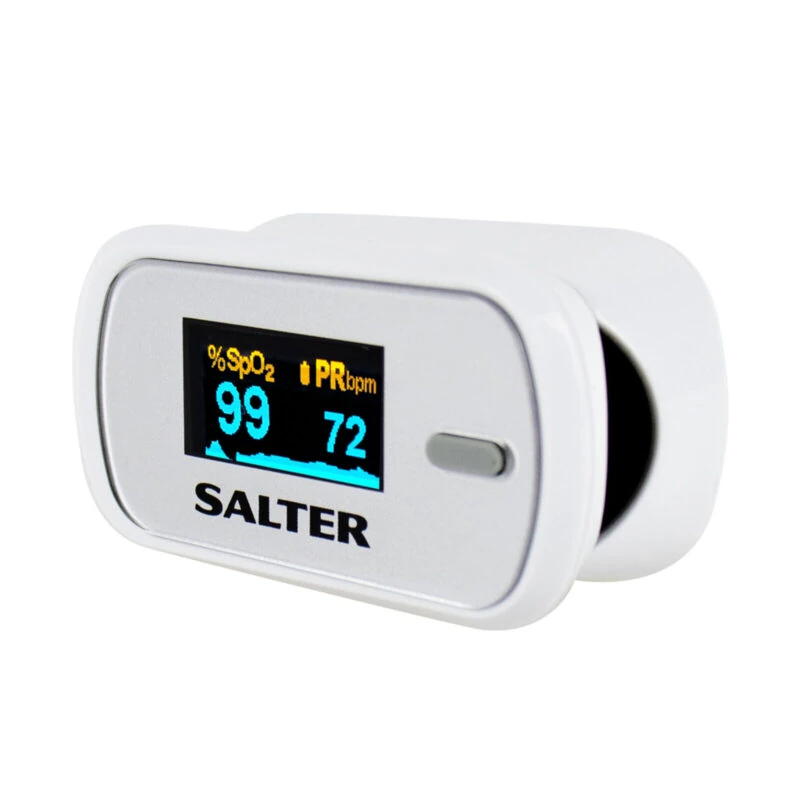 White fingertip pulse oximeter showing SpO2 and PR readings.