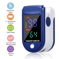 Blue fingertip pulse oximeter with digital display showing readings.