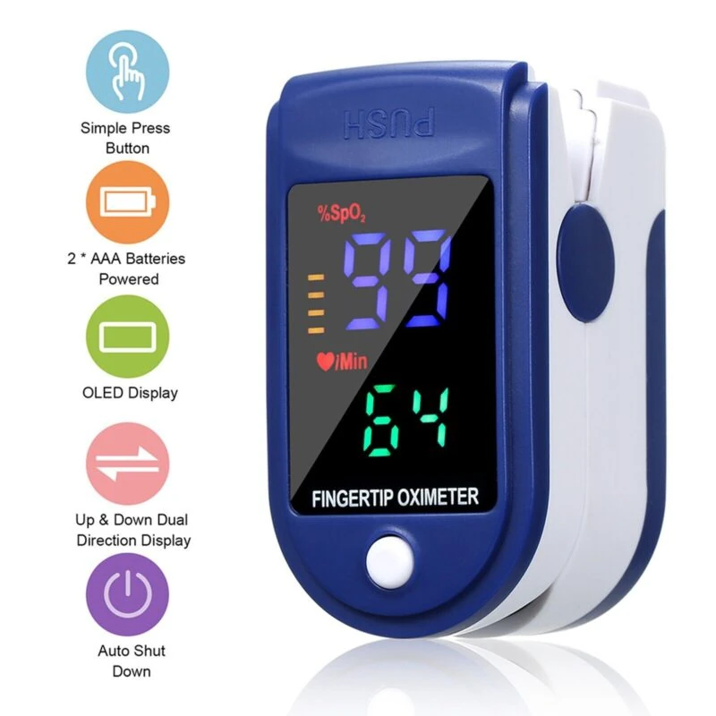 Blue fingertip pulse oximeter with digital display showing readings.