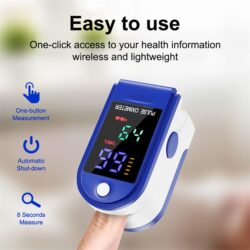 Finger tip pulse oximeter displaying readings on a finger.