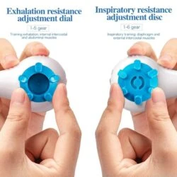 Close-up of exhalation and inspiratory resistance adjustment dials on a breathing trainer.