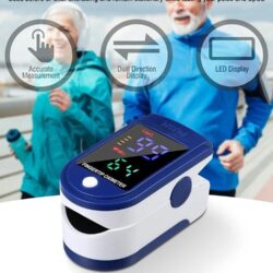 Finger tip pulse oximeter with LED display showing readings.