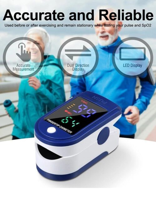 Finger tip pulse oximeter with LED display showing readings.