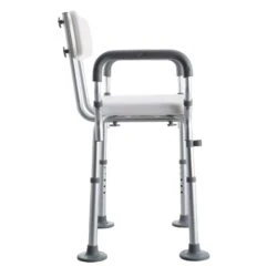 Shower chair with arms and adjustable height, side view.