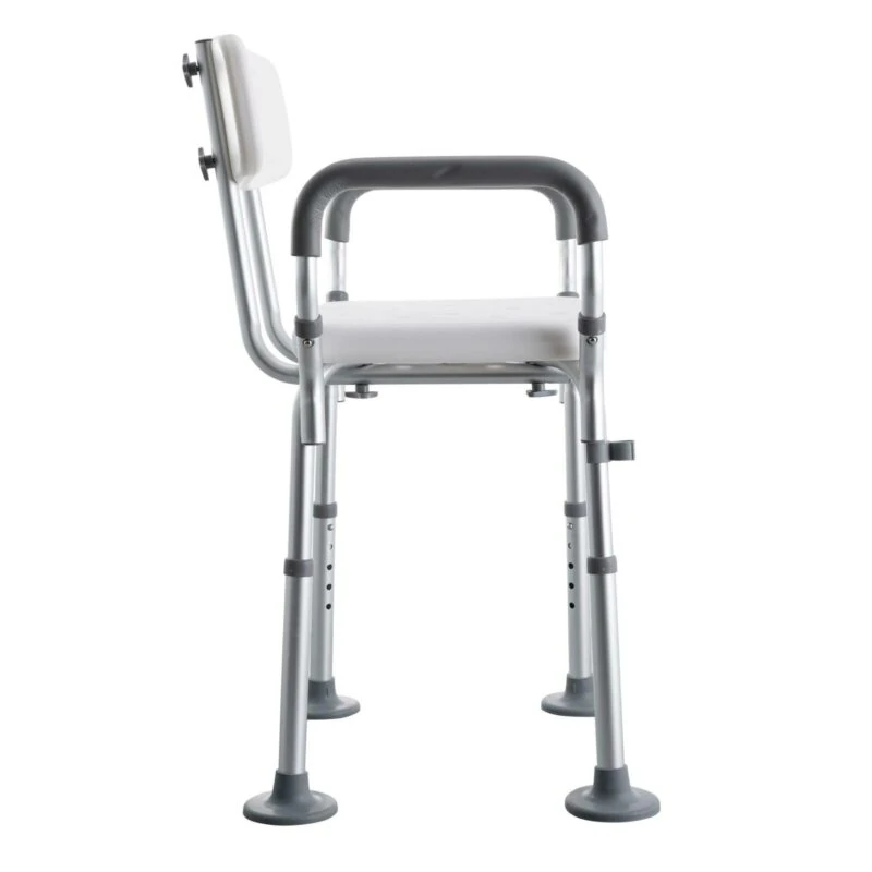 Shower chair with arms and adjustable height, side view.