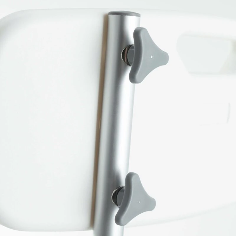 Close-up of adjustable arm mechanism on a shower chair.