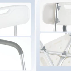 Close-up of shower chair with arms and adjustable height.