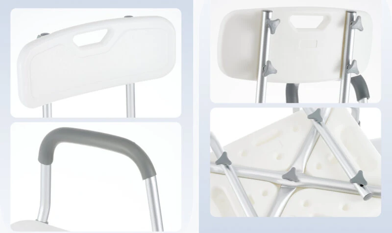 Close-up of shower chair with arms and adjustable height.