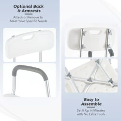 Shower chair with optional backrest and armrests, easy assembly.