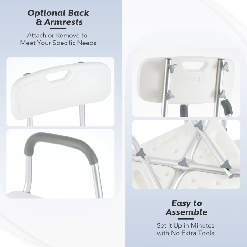 Shower chair with optional backrest and armrests, easy assembly.