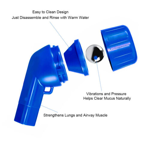 Blue breathing exerciser with detachable parts and visible text.