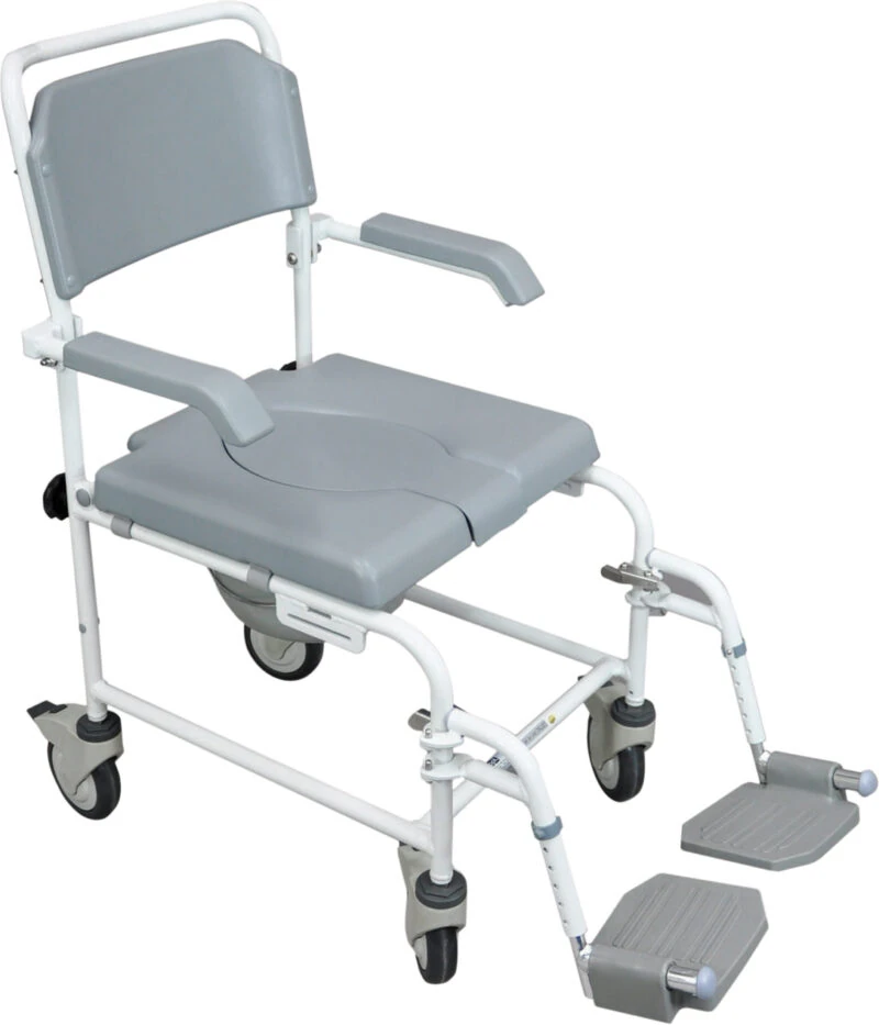 Shower commode chair with wheels and padded seat.