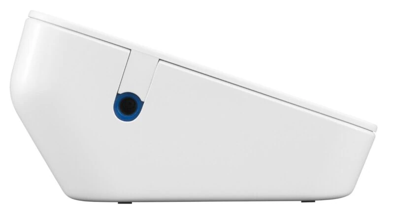 Side view of a white digital blood pressure monitor.