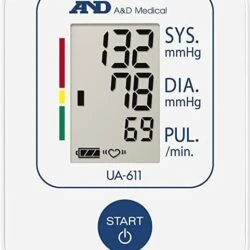 Close-up of a digital blood pressure monitor display showing readings.