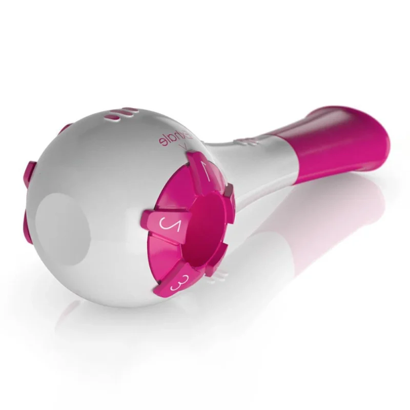 Pink and white breathing trainer with adjustable settings.