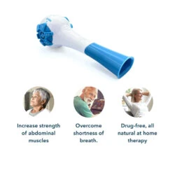 Blue and white breathing trainer with benefits listed below.