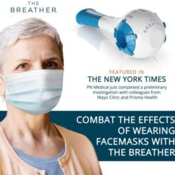 Breathing trainer device and person wearing a mask.