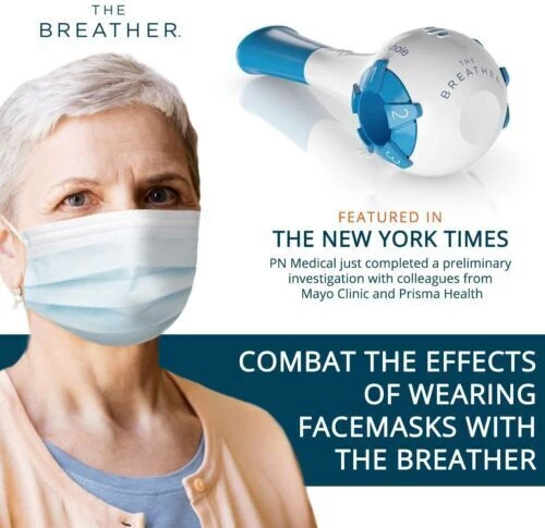 Breathing trainer device and person wearing a mask.