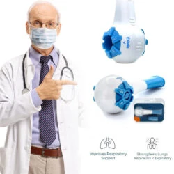 Doctor pointing to a blue and white breathing trainer device.