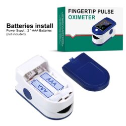 Finger tip pulse oximeter with open battery compartment and packaging.