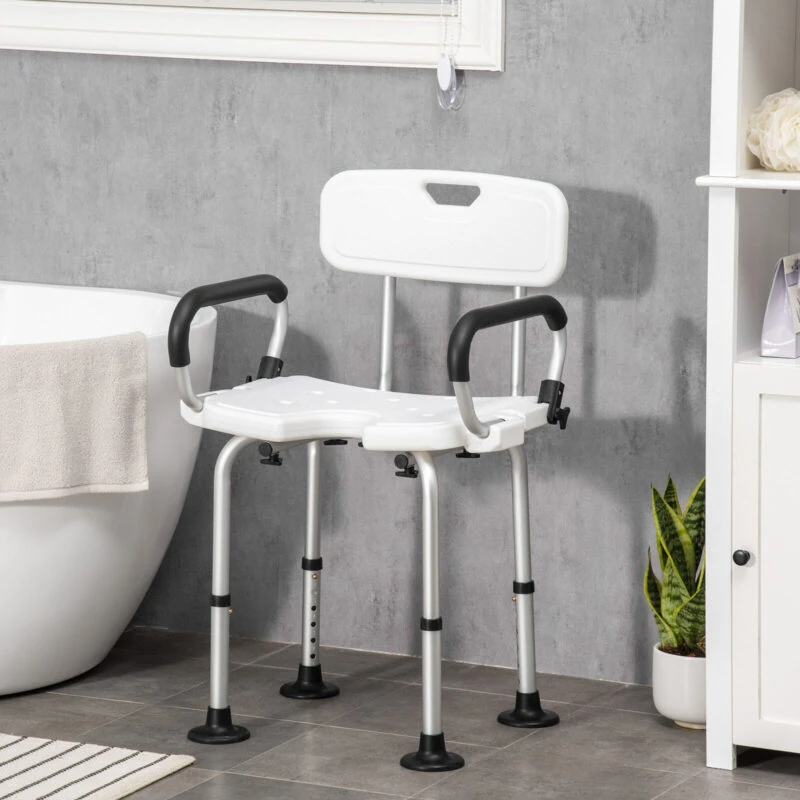 Height adjustable shower chair with padded armrests in a bathroom setting.