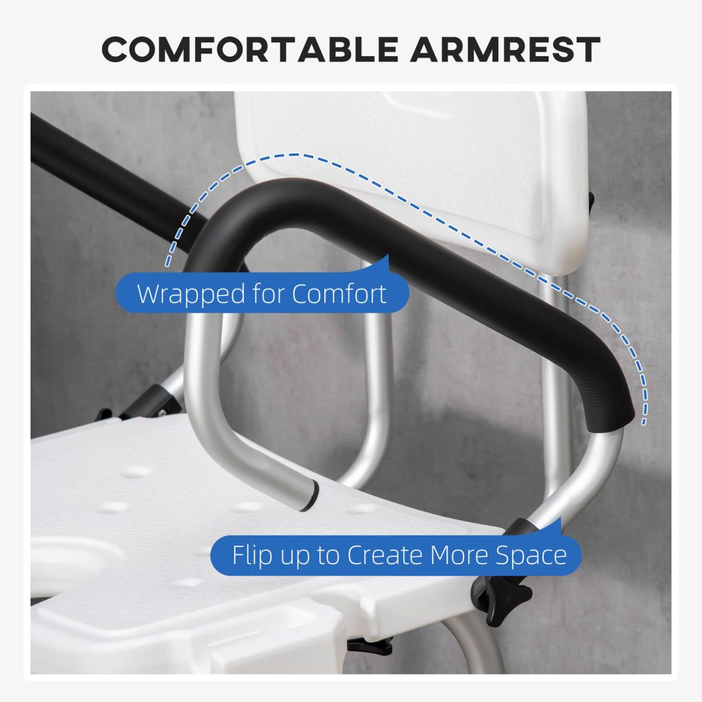 Close-up of shower chair armrest with comfort wrap and flip-up feature.