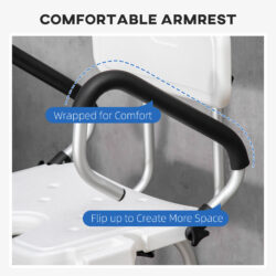 Close-up of shower chair armrest with comfort wrap and flip-up feature.