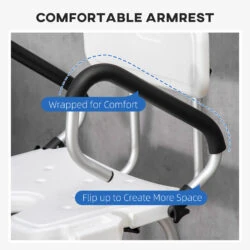 Close-up of shower chair armrest with comfort wrap and flip-up feature.