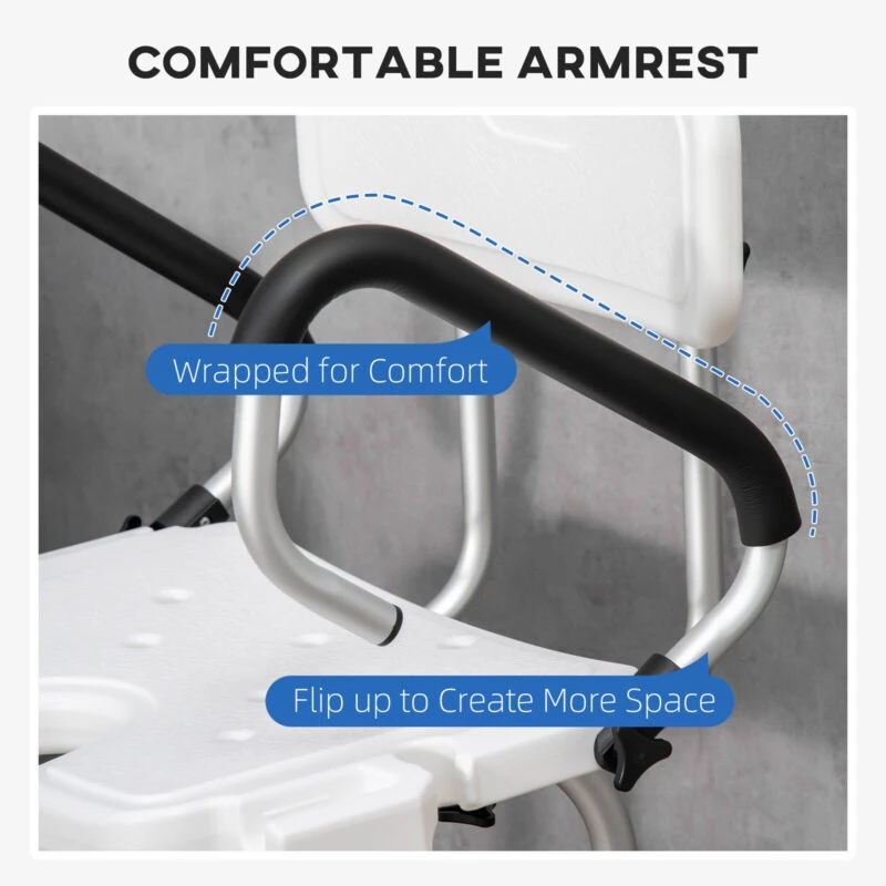 Close-up of shower chair armrest with comfort wrap and flip-up feature.