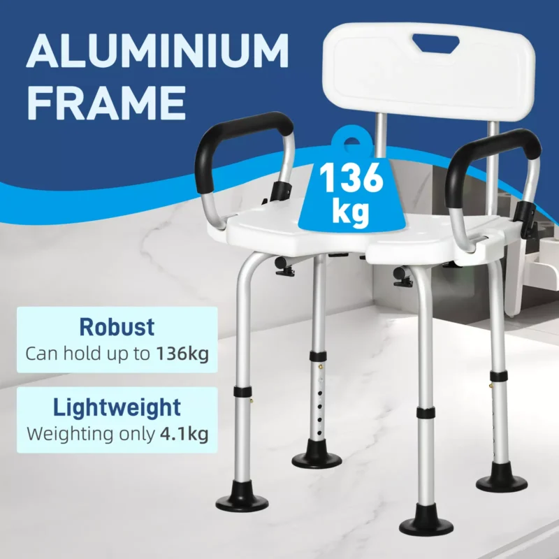 Height adjustable shower chair with aluminium frame and padded armrests.